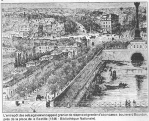 L'entrepôt des sels, également appelé grenier de réserve et grenier d'abondance, boulevard Bourdon près de la Bastille (1846 - Bibliothèque Nationale)